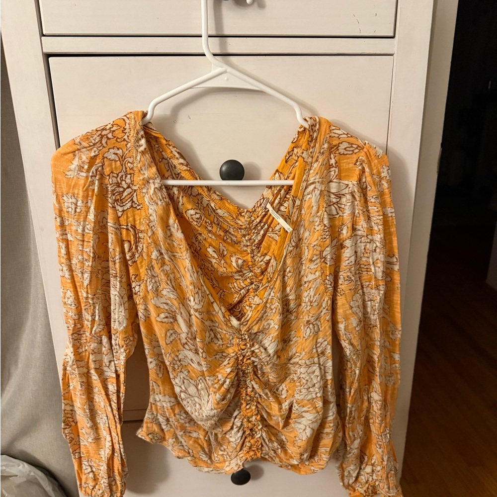 Free People Orange Yellow Puff Sleeve Ruched Blouse